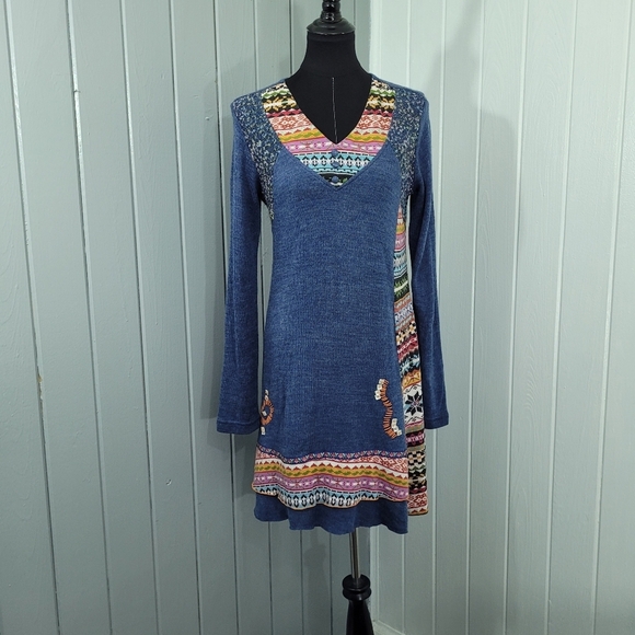 Moka Sport Women's Size Small Multi Media Patchwork Long Sleeve Sweater Dress - Picture 1 of 14